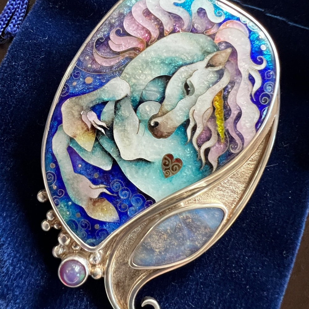 Colorful Unicorn Horse Pendant in Silver with opal accent. Artist Inga Iobidze